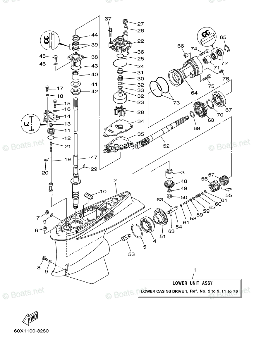 Yamaha Outboard Parts by HP 300HP OEM Parts Diagram for Lower Casing