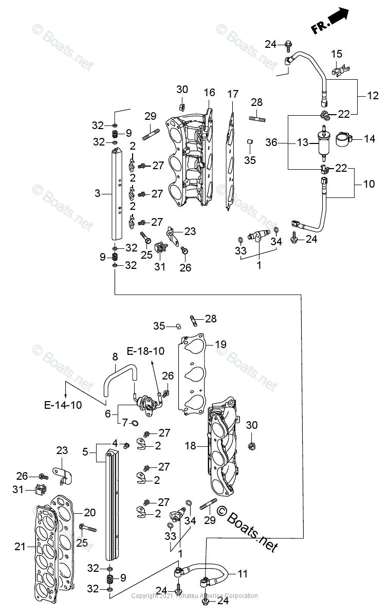 Tohatsu Outboard 2021 OEM Parts Diagram for Fuel Pipe + Injector