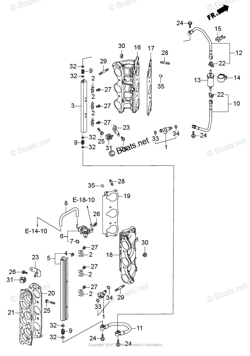 Tohatsu Outboard 2018 OEM Parts Diagram for Fuel Pipe + Injector