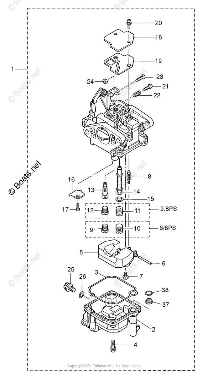 Tohatsu Outboard 2021 OEM Parts Diagram for CARBURETOR
