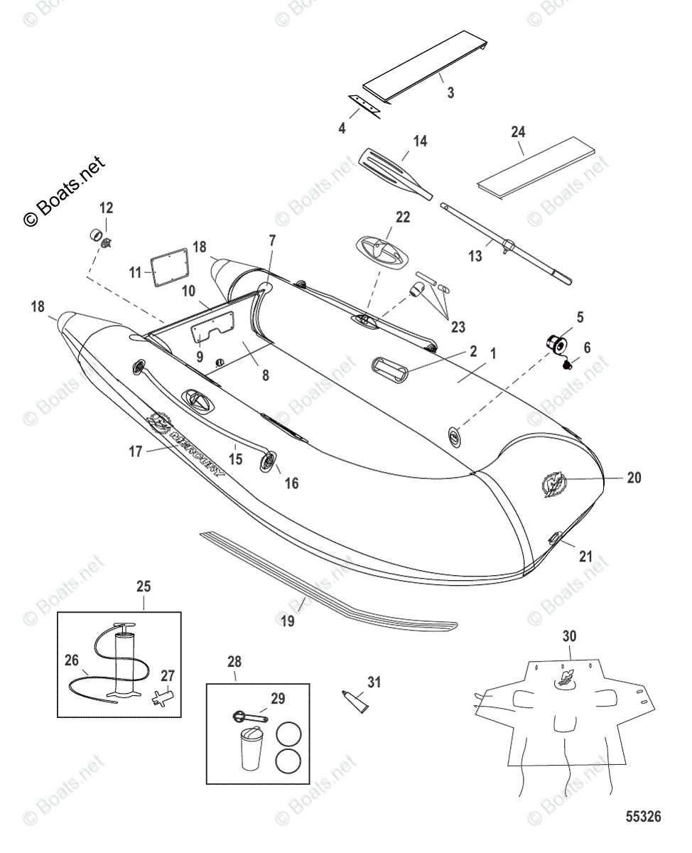 Mercury Inflatable Boats 2016 OEM Parts Diagram for Dinghy Model (200 / 240 / 270) With Slat