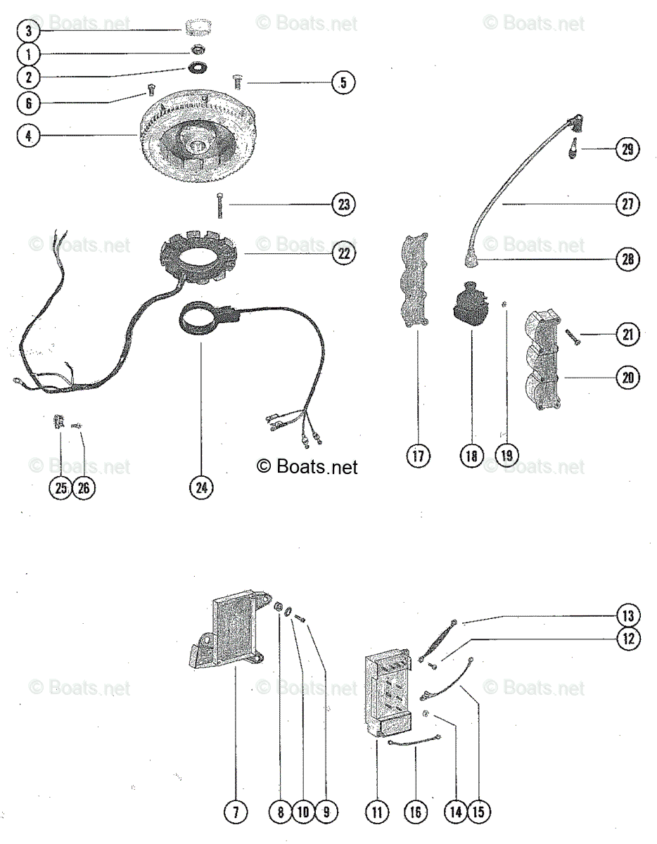 Mercury Outboard Parts By Year Mercury Mariner Mark Force Chrysler Sears Sportjet Mercury Outboard Oem Parts Diagram For Flywheel Switch Box Ignition Coil And Stator Assembly Boats Net