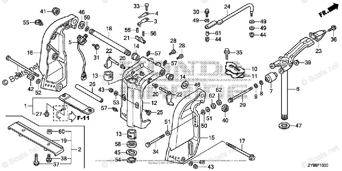 Honda Outboard 100HP OEM Parts Diagram for Stern Bracket + Swivel