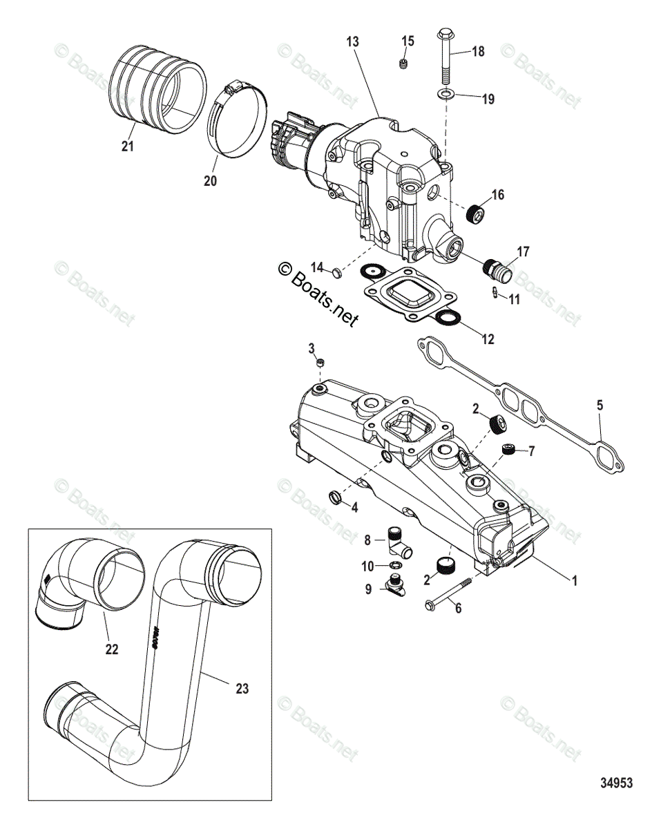 Mercruiser Inboard Gas Engines OEM Parts Diagram for Exhaust Manifold, Elbow And Pipes (Air