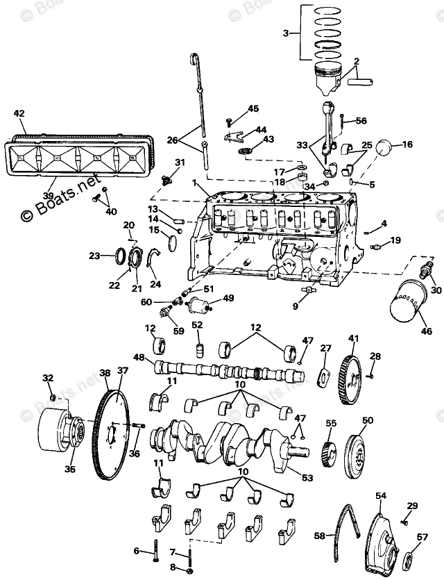 OMC Sterndrive 3.0L 181 CID Inline 4 OEM Parts Diagram for CRANKCASE ...