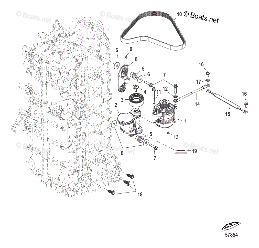 Mercury Outboard 400HP OEM Parts Diagram for Alternator/Belt Tensioner