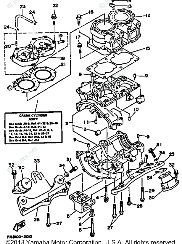 Yamaha Waverunner 1992 OEM Parts Diagram for CYLINDER CRANKCASE | Boats.net