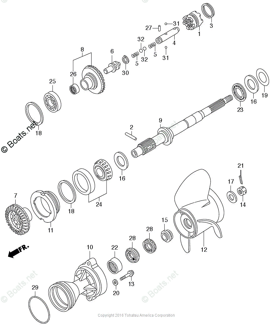 Tohatsu Outboard 2016 OEM Parts Diagram for Propeller Shaft + Propeller