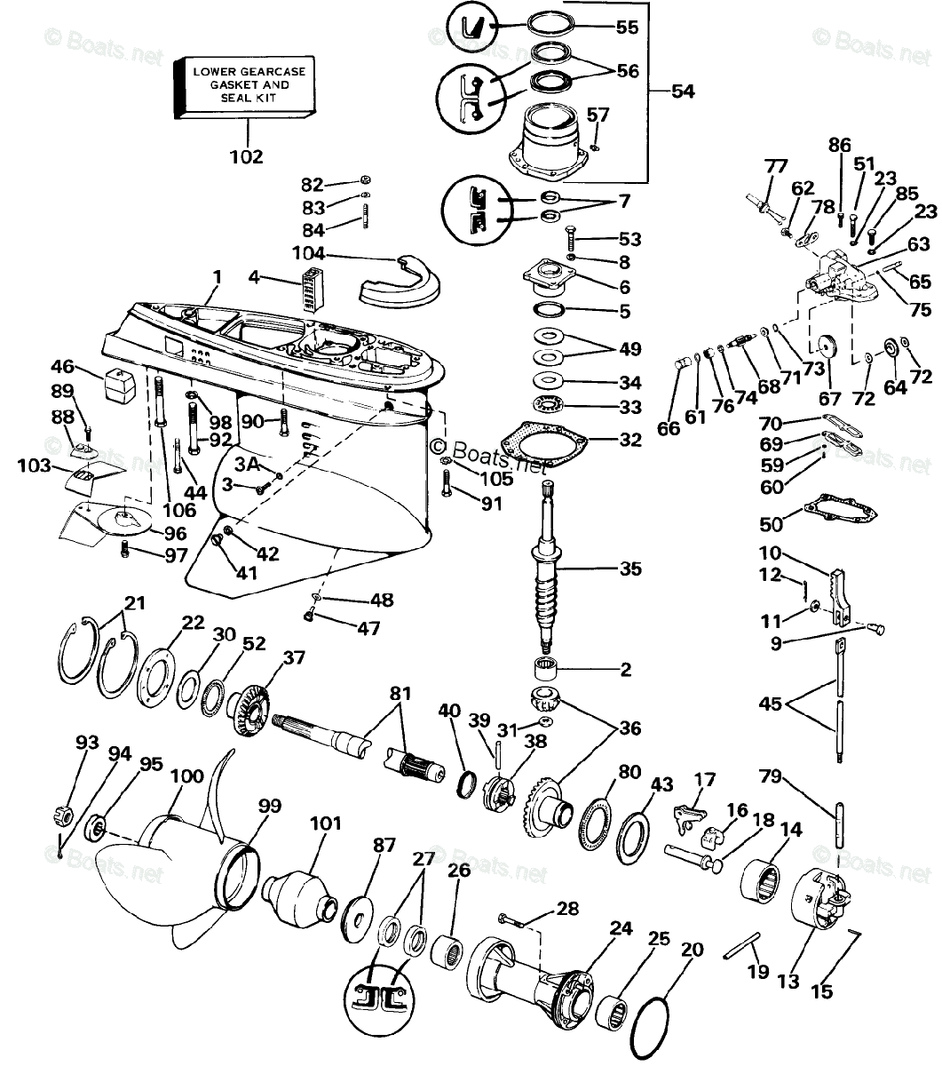 Omc Sterndrive 5.70l 350 Cid V8 Oem Parts Diagram For Lower Gearcase 