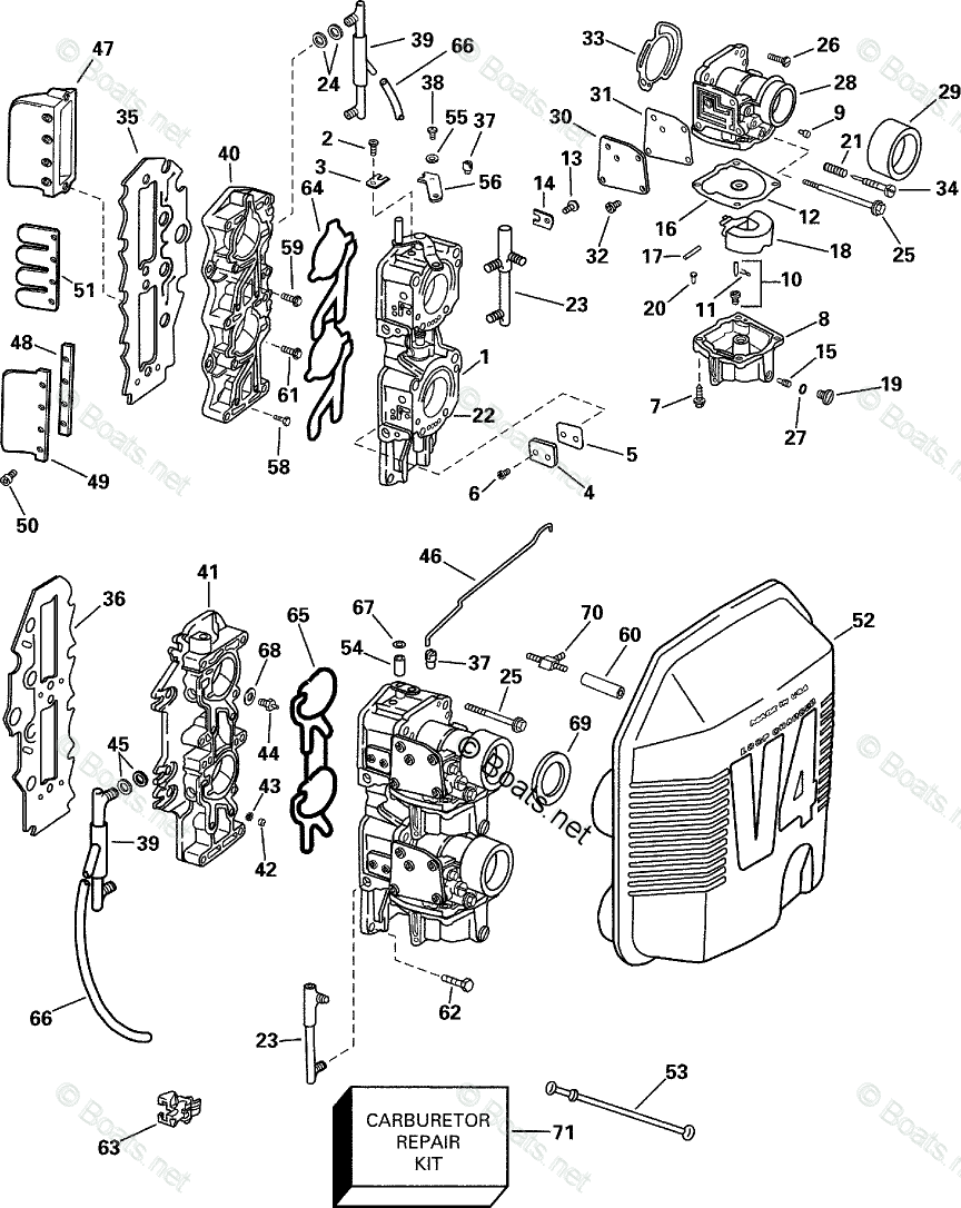 Johnson Outboard 90HP OEM Parts Diagram for Carburetor And Intake