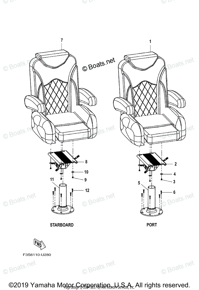 Yamaha Boats 2019 OEM Parts Diagram for Swivel Seat
