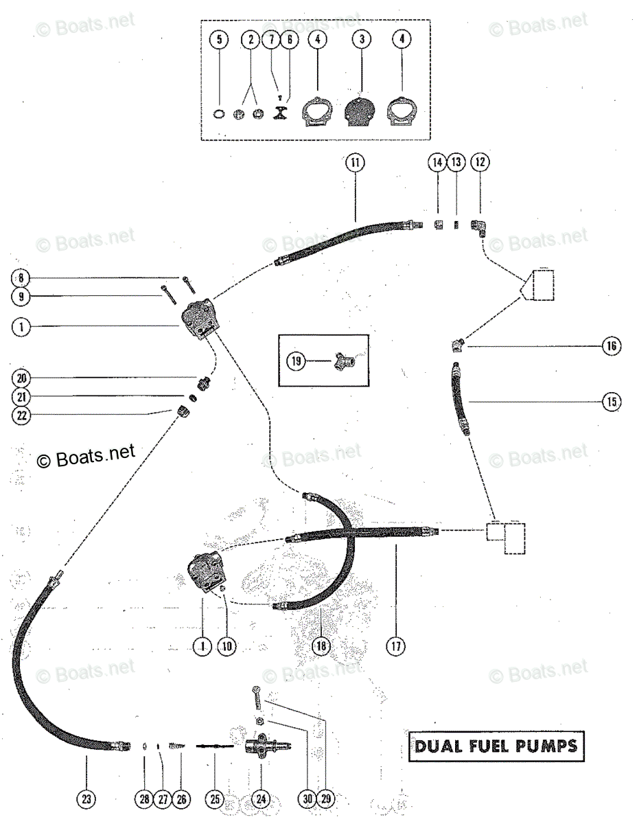 Mercury Outboard 80HP OEM Parts Diagram for FUEL PUMP AND FUEL LINE ASSEMBLY DUAL FUEL PUMPS