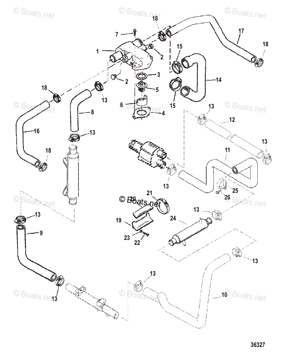 Mercruiser Sterndrive Gas Engines OEM Parts Diagram for THERMOSTAT HOUSING & HOSES
