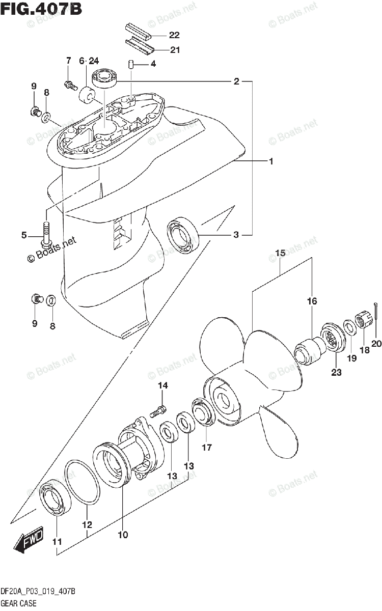 Suzuki Outboard 2019 OEM Parts Diagram for GEAR CASE (4 BLADE) (DF15A