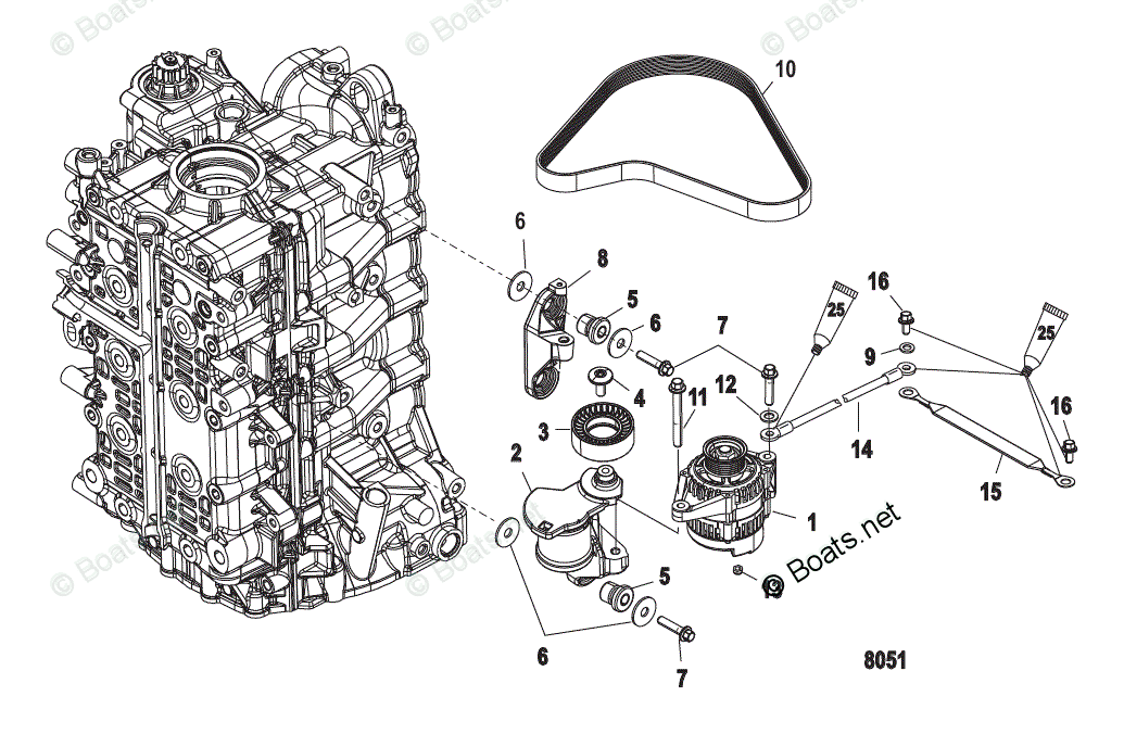Mercury Outboard 200HP OEM Parts Diagram for Alternator/Belt Tensioner