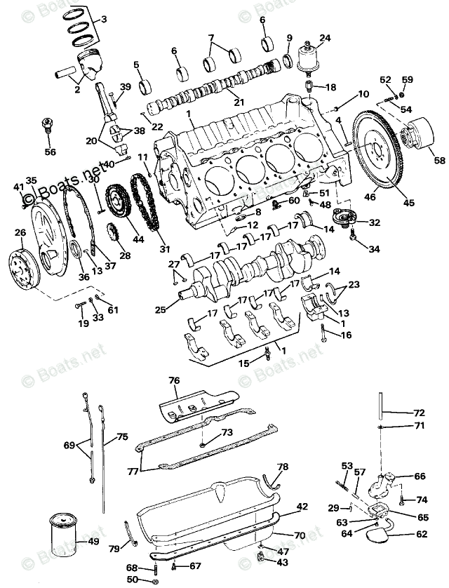 OMC Sterndrive 5.70L 350 CID V8 OEM Parts Diagram for Crankcase - 