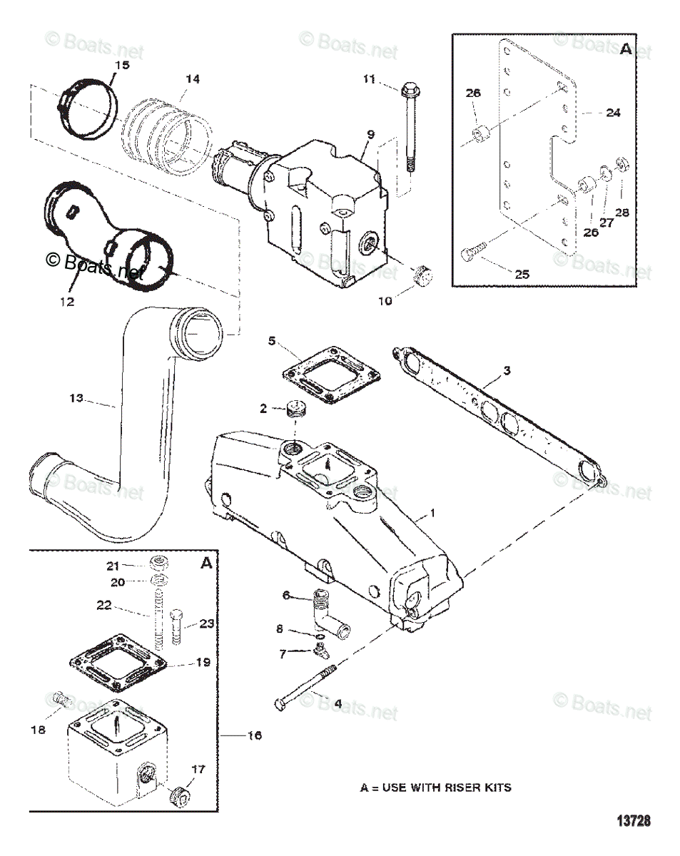 Mercruiser Inboard Gas Engines OEM Parts Diagram for EXHAUST MANIFOLD AND EXHAUST ELBOW