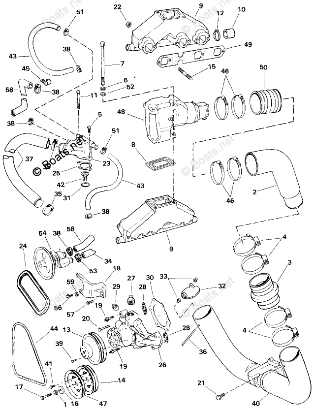 OMC Sterndrive 4.30L 262 CID V6 OEM Parts Diagram For Exhaust & Cooling ...