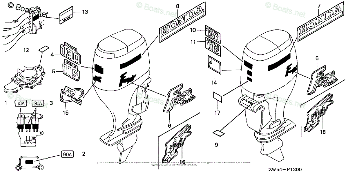Honda Outboard 2002 OEM Parts Diagram for Labels | Boats.net Honda Outboard 2002 OEM Parts Diagram for Labels | Boats.net
