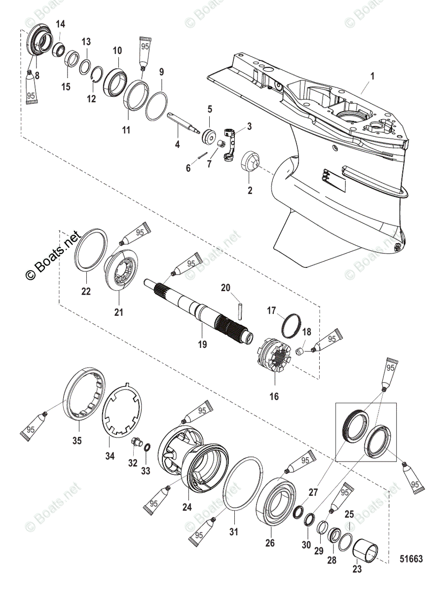 Mercury Outboard 250HP OEM Parts Diagram for Gear Housing, Prop Shaft