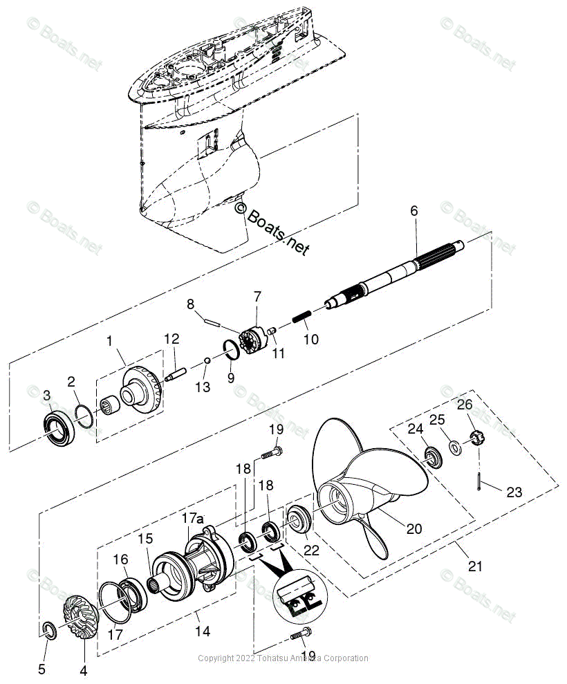 Tohatsu Outboard 2022 OEM Parts Diagram for GEAR CASE PROPELLER SHAFT