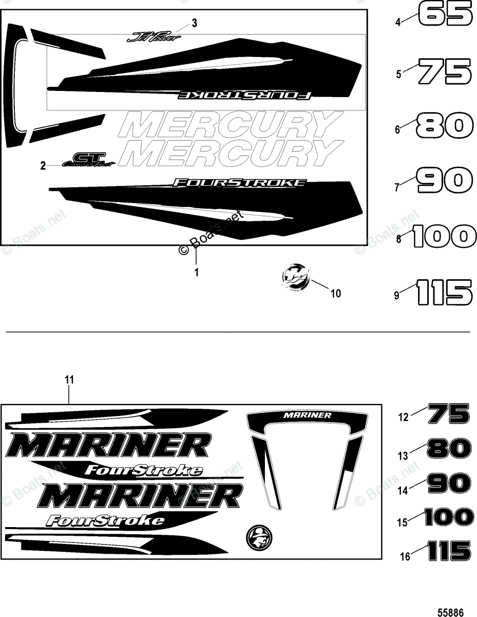 Mercury Outboard 90HP OEM Parts Diagram for Decals-Top Cowl | Boats.net