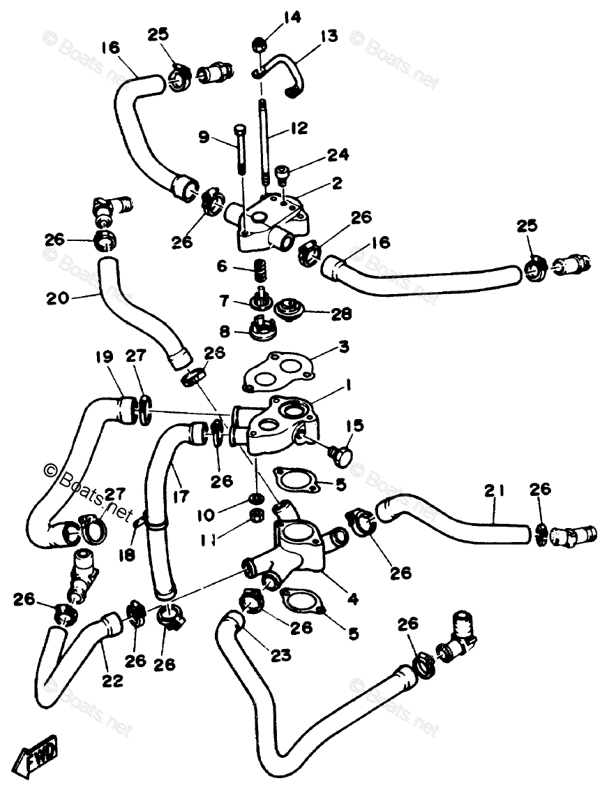 Yamaha Sterndrive 4.3L 262 CID V6 1990 OEM Parts Diagram For Thermostat ...