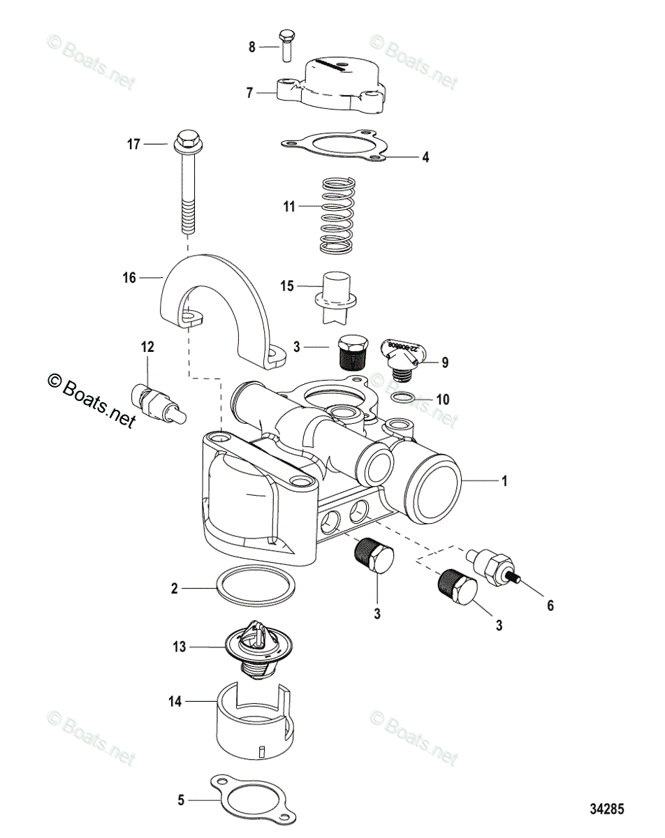 Mercruiser Sterndrive Gas Engines OEM Parts Diagram for Thermostat and Housing, Standard Cooling