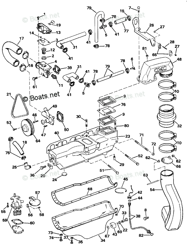 OMC Sterndrive 3.0L 181 CID Inline 4 OEM Parts Diagram for Cooling ...