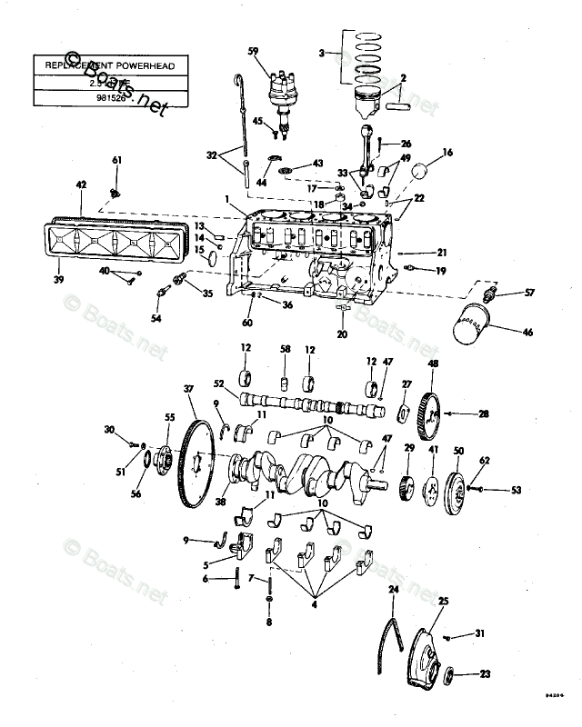 OMC Sterndrive 3.0L 181 CID Inline 4 OEM Parts Diagram for CRANKCASE ...