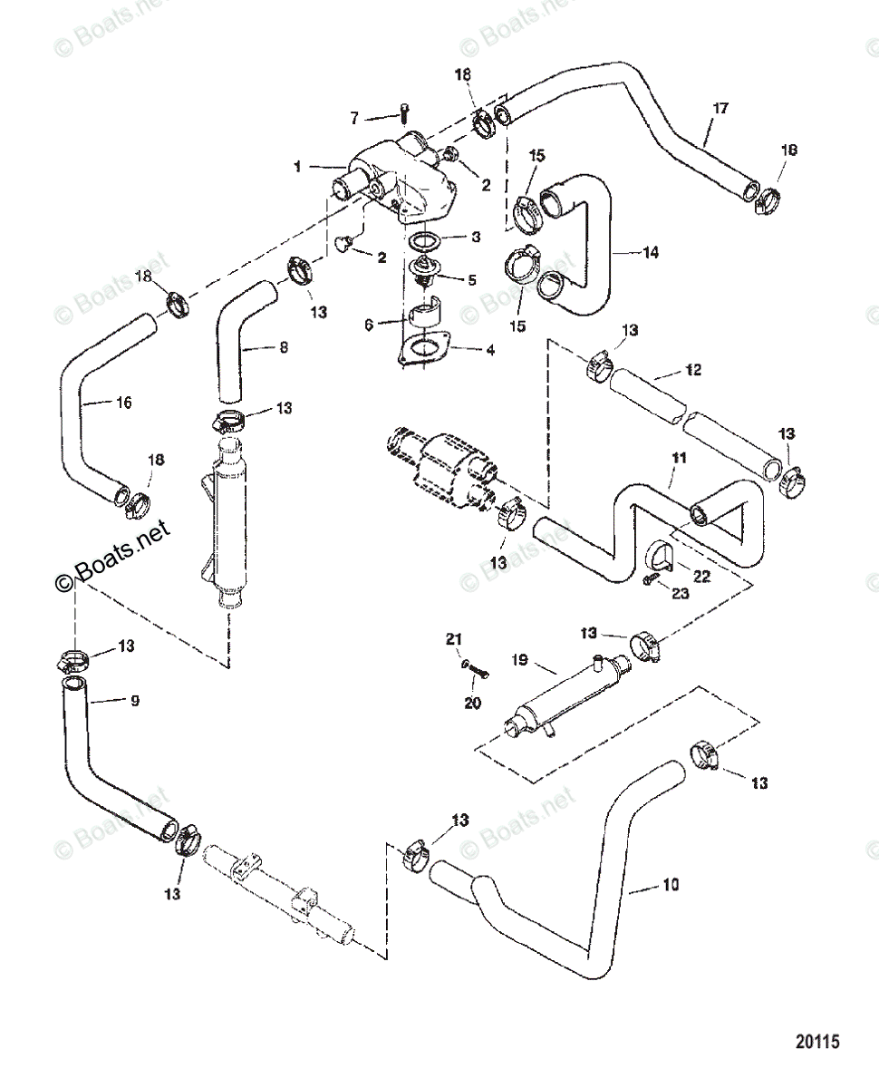 Mercruiser Sterndrive Gas Engines OEM Parts Diagram for Thermostat Housing and Hoses