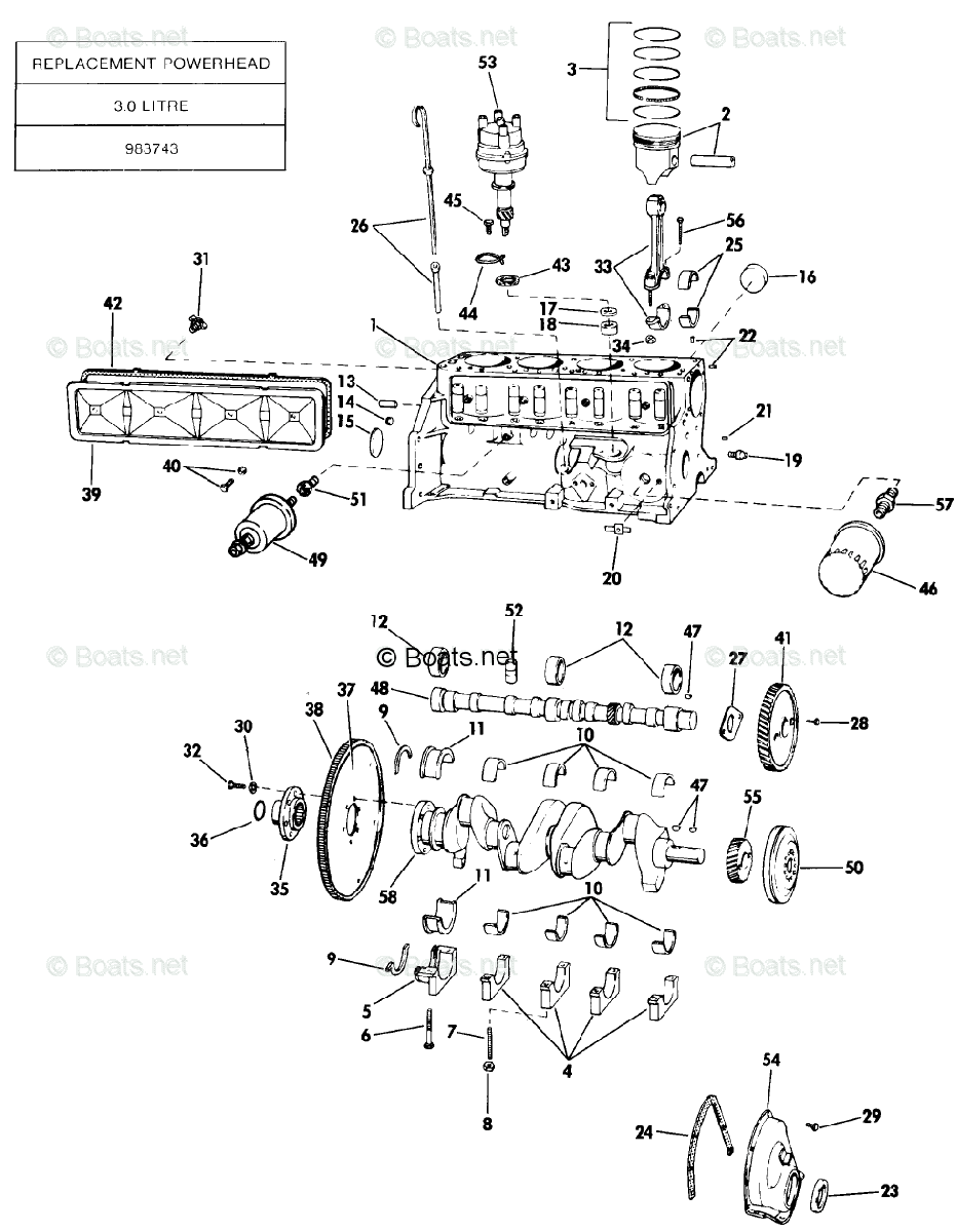 OMC Sterndrive 3.0L 181 CID Inline 4 OEM Parts Diagram for CRANKCASE