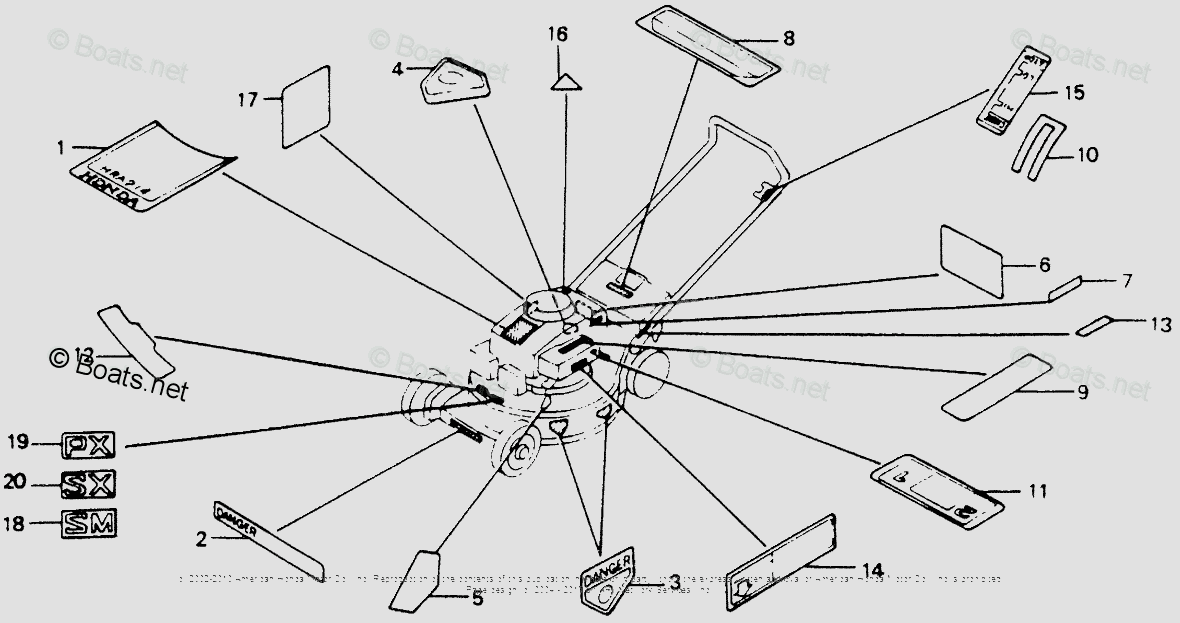 Honda Lawn Mowers HR214 PXA VIN HR214 1000001 OEM Parts Diagram for Labels Boats