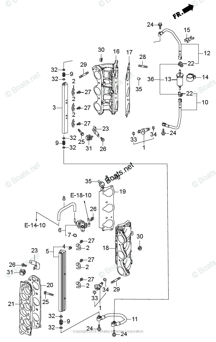 Tohatsu Outboard 2019 OEM Parts Diagram for Fuel Pipe + Injector