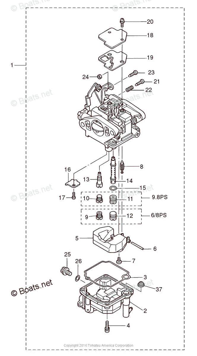 Tohatsu Outboard 2016 OEM Parts Diagram for CARBURETOR