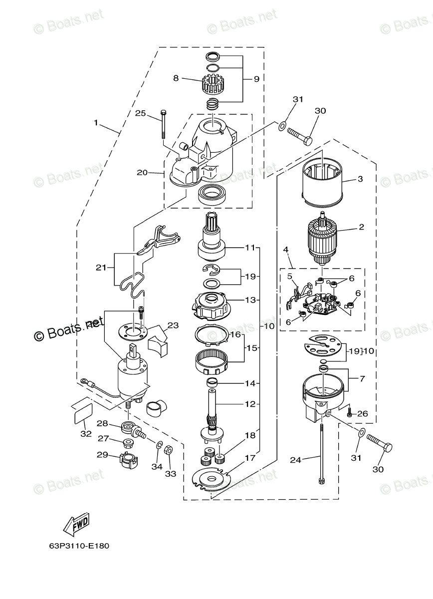 Yamaha Outboard Parts by HP 150HP OEM Parts Diagram for STARTING MOTOR