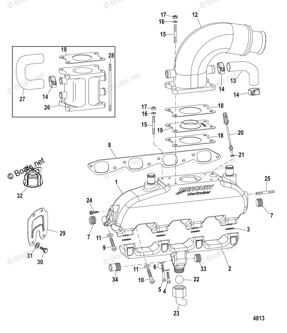 Mercruiser Inboard Gas Engines OEM Parts Diagram for EXHAUST MANIFOLD(W