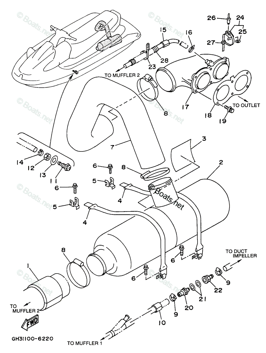 Yamaha Waverunner 1996 OEM Parts Diagram for Exhaust 2 Yamaha Waverunner 1996 OEM Parts Diagram for Exhaust 2
