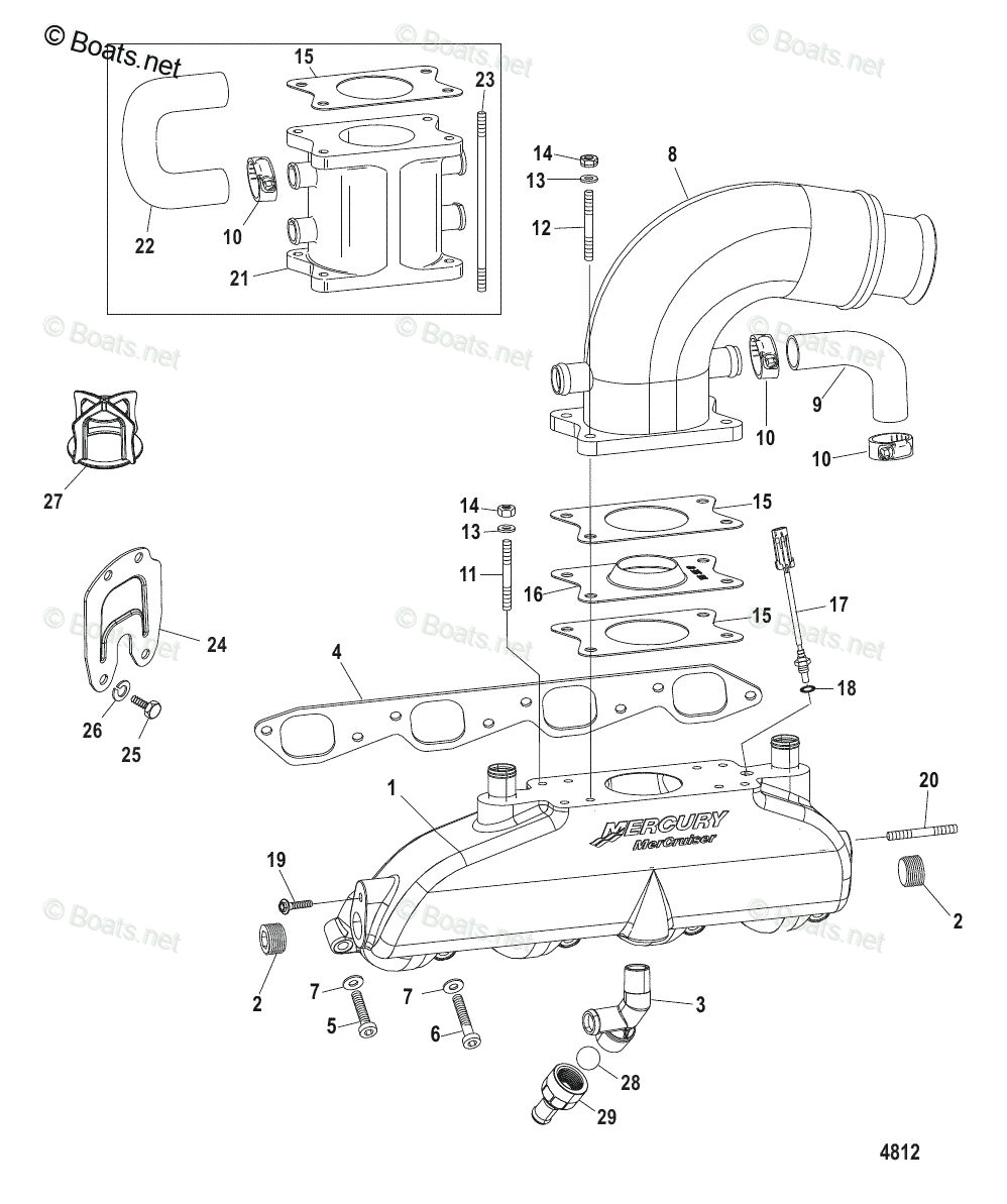 Mercruiser Inboard Gas Engines OEM Parts Diagram for Exhaust Manifold, Elbow and Riser