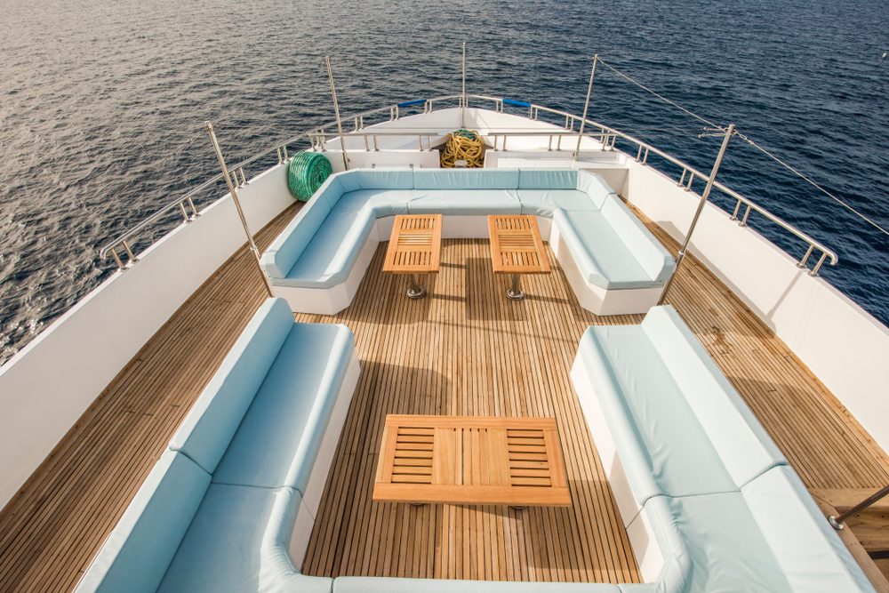 boat bow with wooden teak deck