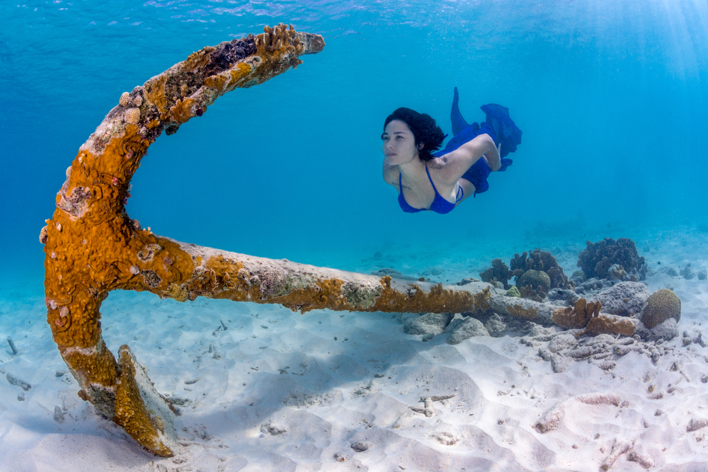 Large boat anchor underwater